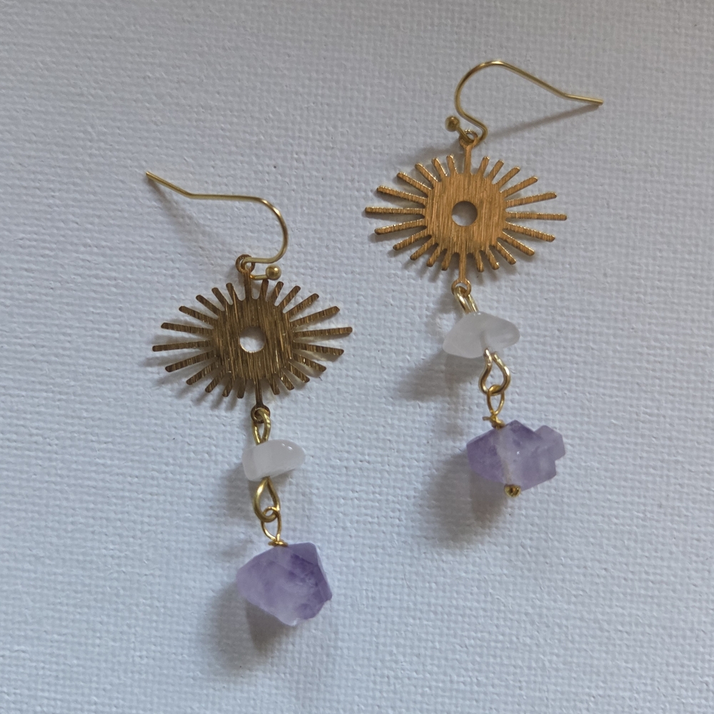 Sunburst Rose Quartz Amethyst Stone Earrings